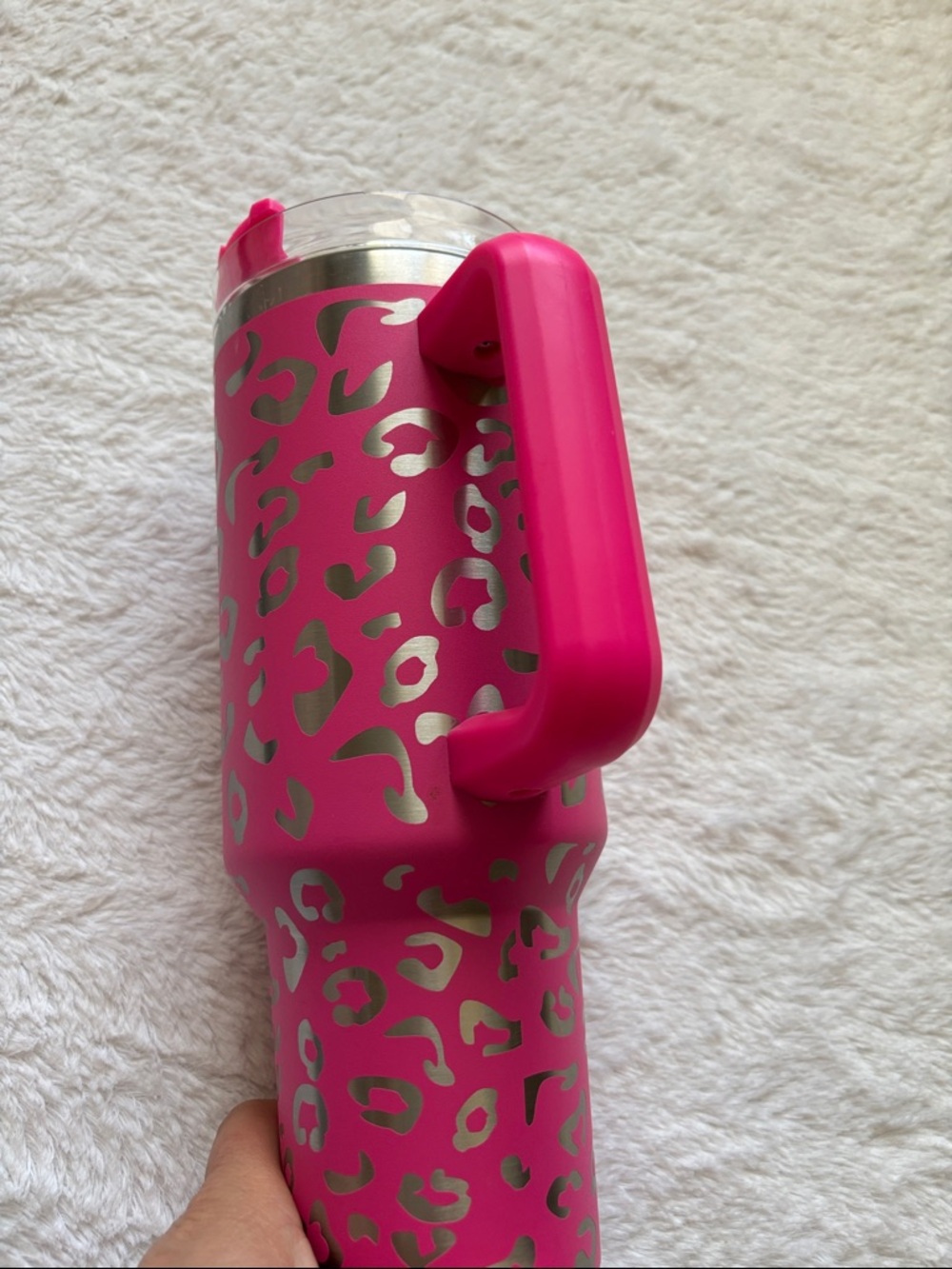 Pink and Silver Leopard Print Laser Etched Tumbler with Handle - Picture 5 of 8